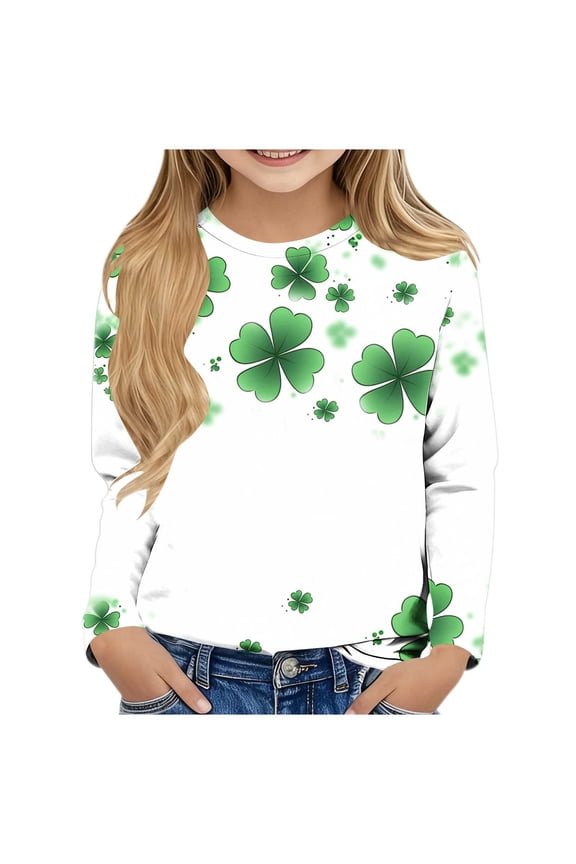 Kids Girls St. Patrick's Day Shirt Children Crewneck Long Sleeve Blouse Pullover Outfit Tops T-shirt White 7-8 Years Fashion