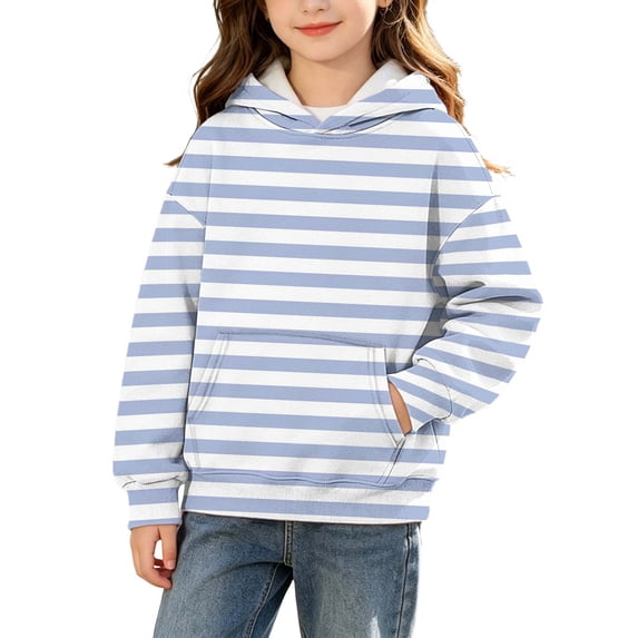 Atogsazn Kids Girls Striped Fleece Lined Hoodies Children Long Sleeve Pullover Hooded Sweatshirt Winter Warm Tops Blue 11-12 Years Fashion
