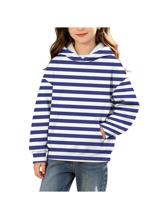Kids Girls Striped Fleece Lined Hoodies Children Long Sleeve Pullover Hooded Sweatshirt Winter Warm Tops Dark Blue 5-6 Years Fashion
