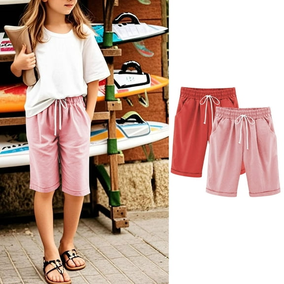 Atogsazn Kids Girls Summer 2PCs Bermuda Pants Casual Jogger Athletic High Waisted Drawstring Shorts Fashion with Pocket 02-Watermelon Red 12-13Years