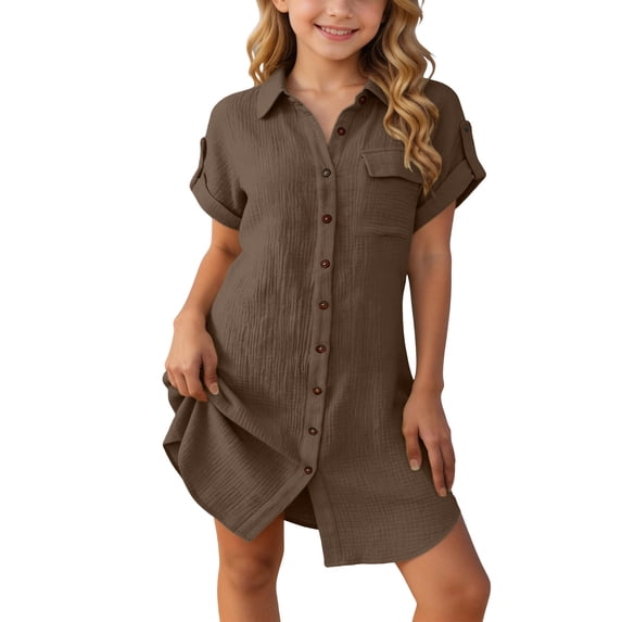 Atogsazn Kids Girls Summer Shirts Children Casual Short Sleeve Button Down Flowy Dress Shirt Loose Fit Tops Tee Brown 9-10 Years Fashion