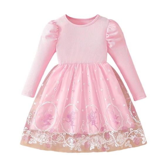 Atogsazn Kids Girls Tulle Dress Toddler Casual Summer Ribbed Ruffle Sleeve Dresses Crew Neck Princess Outfit 02-Pink 3-4 Years Fashion