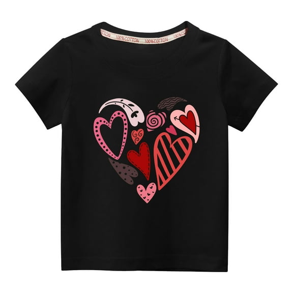 Atogsazn Kids Girls Valentine's Day Cotton T Shirt Children Cute Printed Short Sleeve T-shirt Summer Clothes Fashion A-Black 5-6 Years