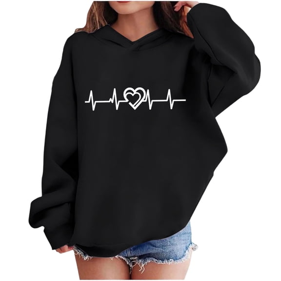 Atogsazn Kids Girls Valentines Day Hoodies Children Casual Hearts Long Sleeve Pullover Sweatshirt Fleece Outfit Outerwear Tops 01-Black 7-8 Years Fashion