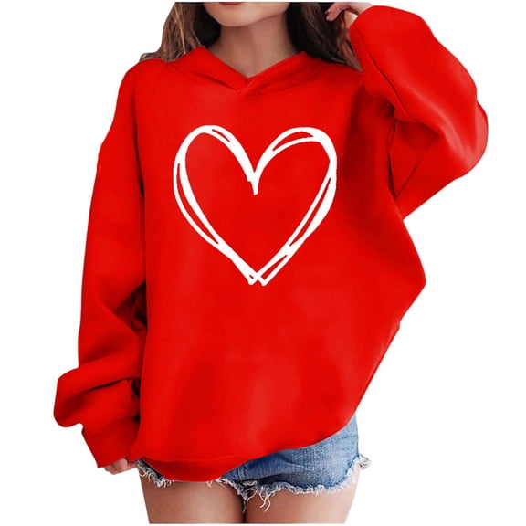 Atogsazn Kids Girls Valentines Day Hoodies Children Casual Hearts Long Sleeve Pullover Sweatshirt Fleece Outfit Outerwear Tops 04-Red 4-5 Years Fashion