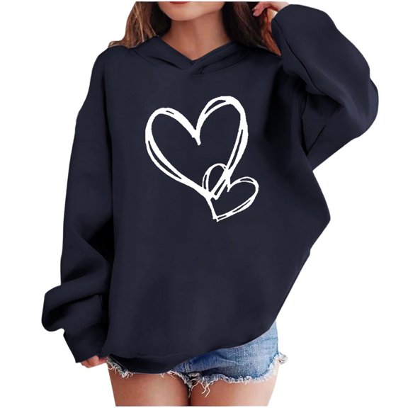 Atogsazn Kids Girls Valentines Day Hoodies Children Casual Hearts Long Sleeve Pullover Sweatshirt Fleece Outfit Outerwear Tops 06-Navy 7-8 Years Fashion