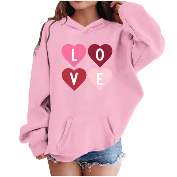 Atogsazn Kids Girls Valentines Day Hoodies Children Casual Hearts Long Sleeve Pullover Sweatshirt Fleece Outfit Outerwear Tops 07-Pink 5-6 Years Fashion