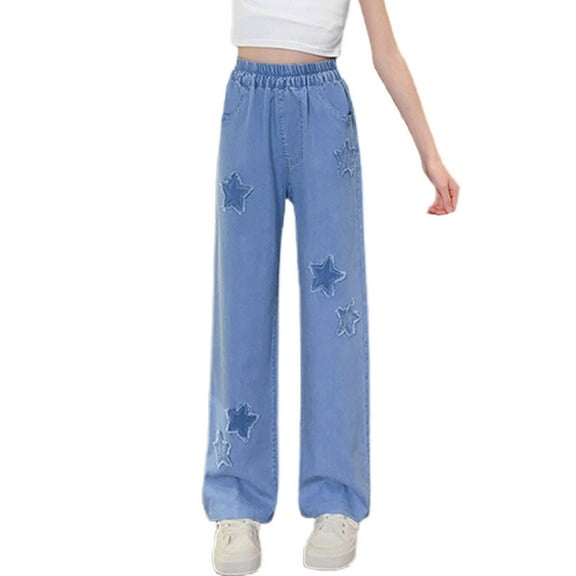 Atogsazn Kids Girls Wide Leg Jeans Children Casual Elastic Waist Denim Pants Girl's Lightweight Pants Blue 13-14 Years