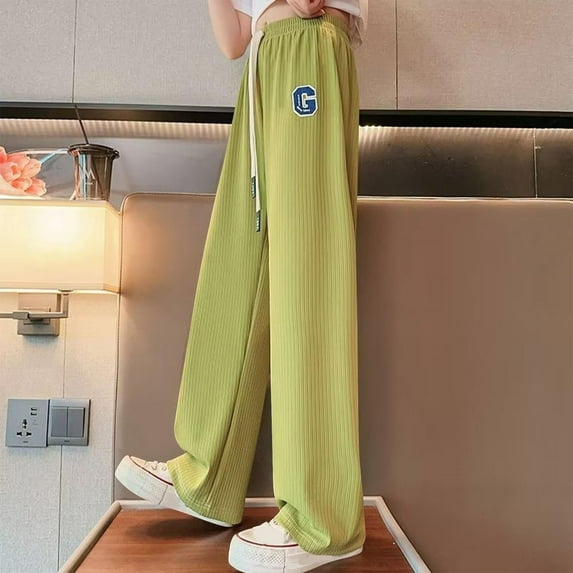 Atogsazn Kids Girls Wide Leg Pants Children Loose Flowy Pant Drawstring Baggy Clothes Fashion 02-Green 15-16 Years