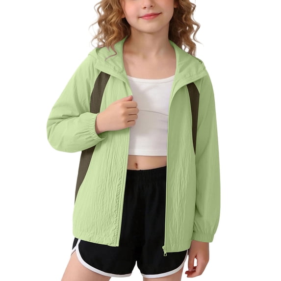 Atogsazn Kids Girls Zip Up Jacket Childrens Casual Lightweight Sun Protection Long Sleeve Hooded Jacket Tops Green 7-8 Years Fashion