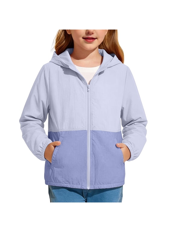 Kids Girls Zip Up Jacket Childrens Casual Lightweight UPF 5+ Sun Protection Long Sleeve Hooded Jacket Tops Purple 7-8 Years Fashion