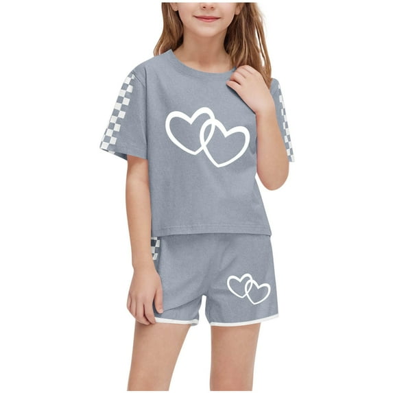 Atogsazn Kids Summer Sport T-Shirt and Shorts Set Plaid Print Clothing Sets Athletic Jogger Tracksuit 01-Gray 13-14 Years