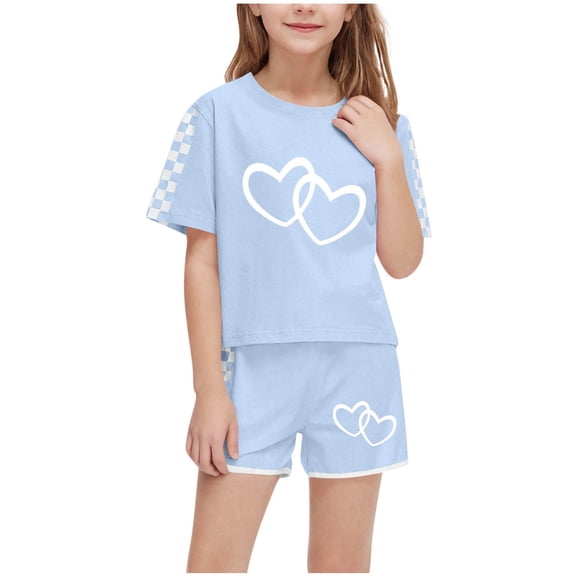 Atogsazn Kids Summer Sport T-Shirt and Shorts Set Plaid Print Clothing Sets Athletic Jogger Tracksuit 01-Sky Blue 10-12 Years