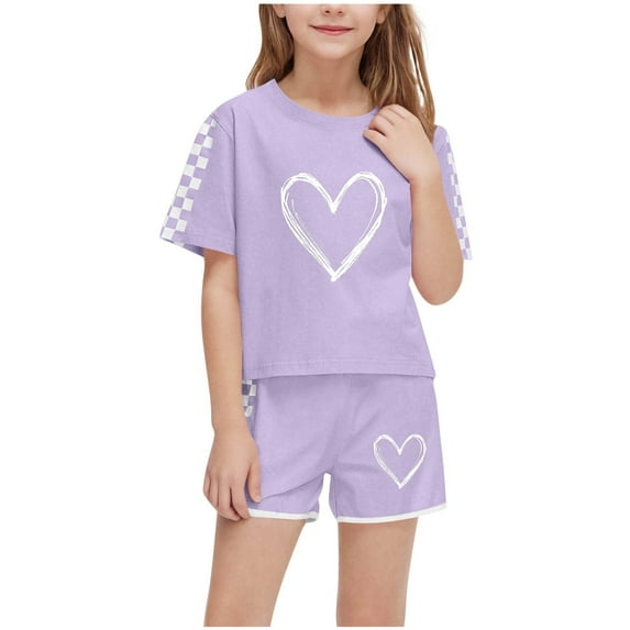 Atogsazn Kids Summer Sport T-Shirt and Shorts Set Plaid Print Clothing Sets Athletic Jogger Tracksuit 02-Purple 13-14 Years on Clearance