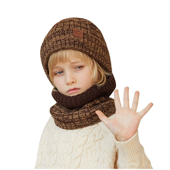 Atogsazn Kids Winter Beanie Hat Scarf Set Warm Knit Hat Soft Neck Warmer Set for Boys Girls Children's Fleece Lined Set 03-Coffee Free Size