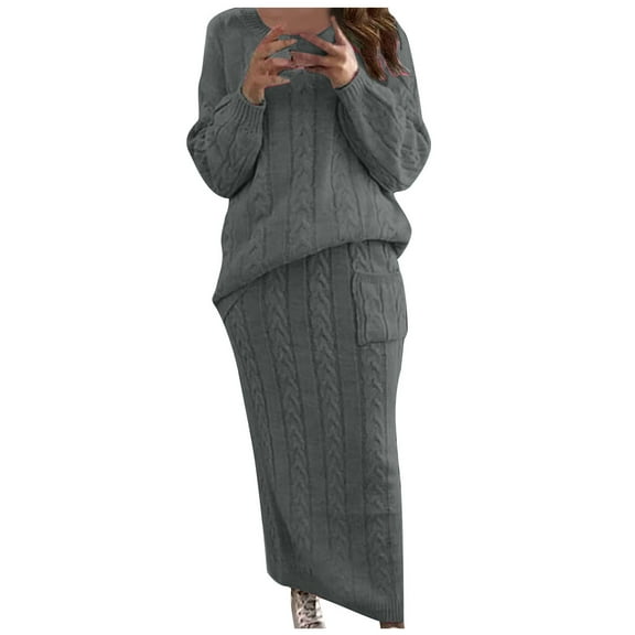 Atogsazn Kint Sweater Sets Women 2 Piece Round Neck Long Sleeve Sweatshirt and Loose Long Skirts Sweatsuits Dark Gray XL