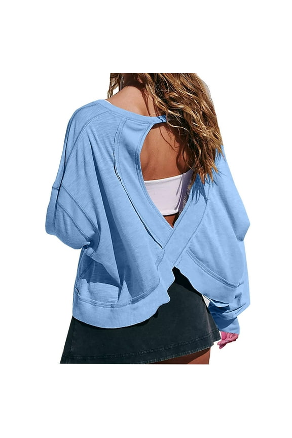 Lenago Open Back Shirts for Women Long Sleeve Workout Shirt Backless Gym Yoga Athletic Tops Blouse Blue M