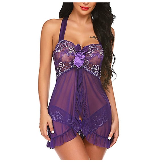 Atogsazn Lingerie for Women V Neck Nightwear Satin Sleepwear Lace Chemise Mesh Nightdress Chemise Nightie A-Purple S
