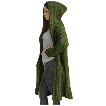 Atogsazn Long Cardigan Sweater for Women Knit Long Sleeve Hooded Sweaters Loose Fall Winter Overcoat Fashion Army Green XXL on Clearance