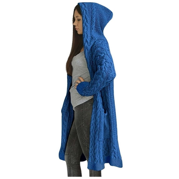 Atogsazn Long Cardigan Sweater for Women Knit Long Sleeve Hooded Sweaters Loose Fall Winter Overcoat Fashion Blue L on Clearance