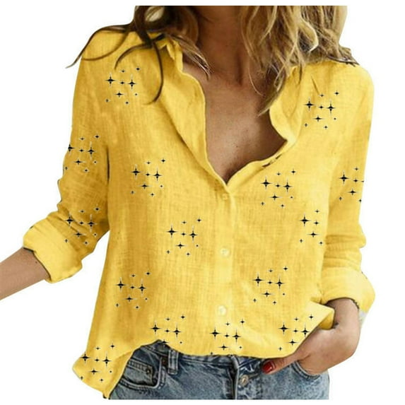 Atogsazn Long Sleeve Shirts for Women Vintage Dressy Casual V-Neck Plus Size Solid Summer Tops Womens Shirts Yellow XXL on Clearance