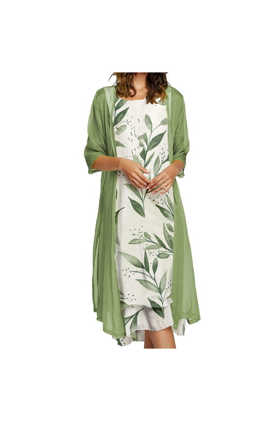 Loose Flowy Floral Print Dress for Women 2 Piece Dresses Set Plus Size Crewneck Dress Wedding Guest Elegant Clothing C-Green L