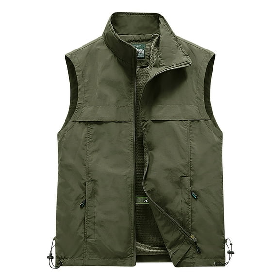 Atogsazn Men Casual Zipper Jacket Loose Stand Collar Sleeveless Muti Pockets Tank Top for Men Solid Color Coat 04-Army Green L on Clearance
