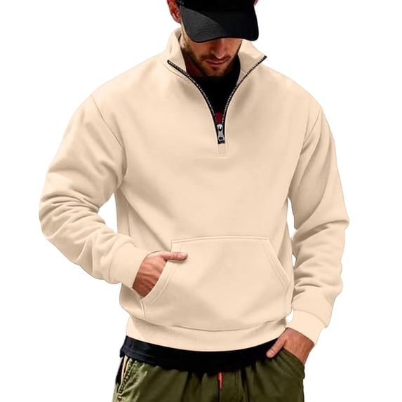 Atogsazn Men's 1/4 Zip Sweatshirt Casual Long Sleeve Pullover Sweater Fall Winter Tops Outerwear with Pocket Beige L Fashion