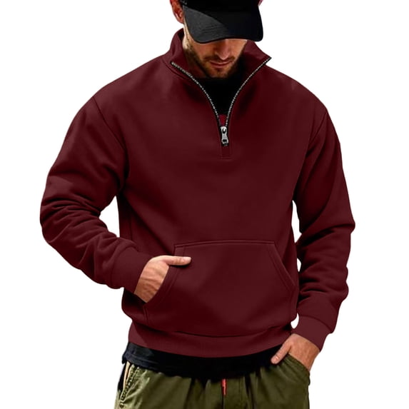 Atogsazn Men's 1/4 Zip Sweatshirt Casual Long Sleeve Pullover Sweater Fall Winter Tops Outerwear with Pocket Wine L Fashion