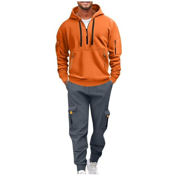 Atogsazn Men's Cargo Sweatsuit Quarter Zip Pullover Sweatshirt Sweatpant Sets 2 Piece Tactical Outfit Hiking Set 01-Orange L Fashion
