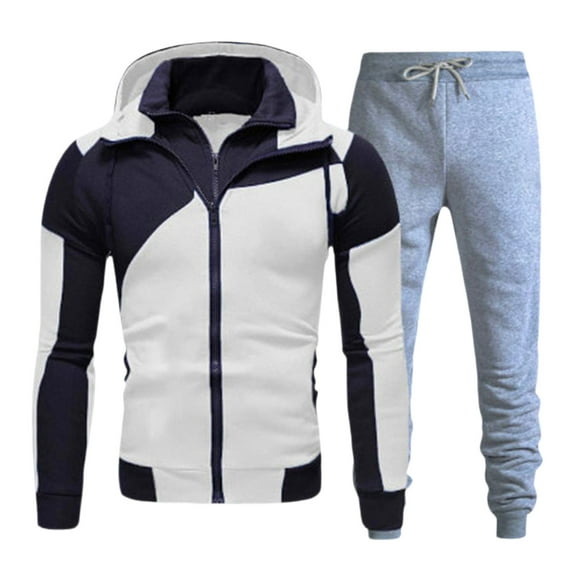 Atogsazn Men's Casual Hoodies Full Zip Jogger Colorblock Long Sleeve Hooded Sweatshirts and Pants Set Fall Winter Clothing A-White XXXL