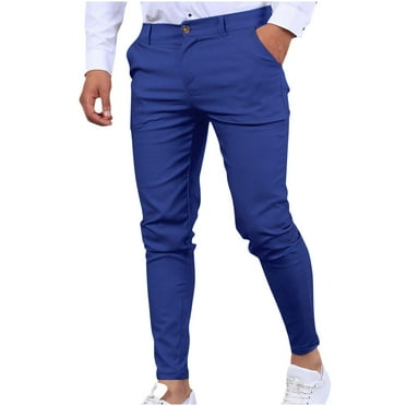 Atogsazn Men's Casual Pants Button Stretch Lightweight Straight Leg Pants Elastic Waist Drawstring Pants Blue XXXL on Clearance
