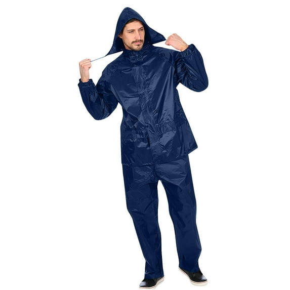 Atogsazn Men's Casual Rain Sets Full Zip Long Sleeve Hooded Raincoat and Pants Outfits Lightweight 2 Piece Set Navy XXL