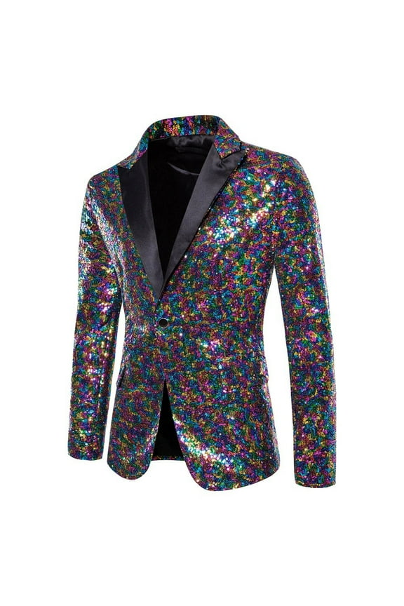 Men's Casual Sequin Blazer Lightweight One Button Long Sleeve Suit Jackets for Men Fitting Lapel Coat D-Purple XL