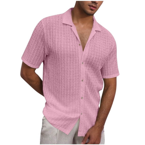 Atogsazn Men's Casual Summer Beach Shirts Button Down Short Sleeve Crochet Guayabera Shirts 01-Pink XXXL