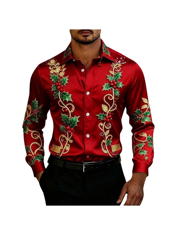 Men's Christmas Shirt Casual Button Down Long Sleeve Shirts Lightweight Basic Tuniv Tops Outerwear Red XL Fashion