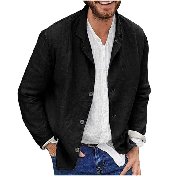 Atogsazn Men's Cotton Linen Jacket Casual Button Lapel Long Sleeve Shirt for Men Loose Solid Color Coat Black XL