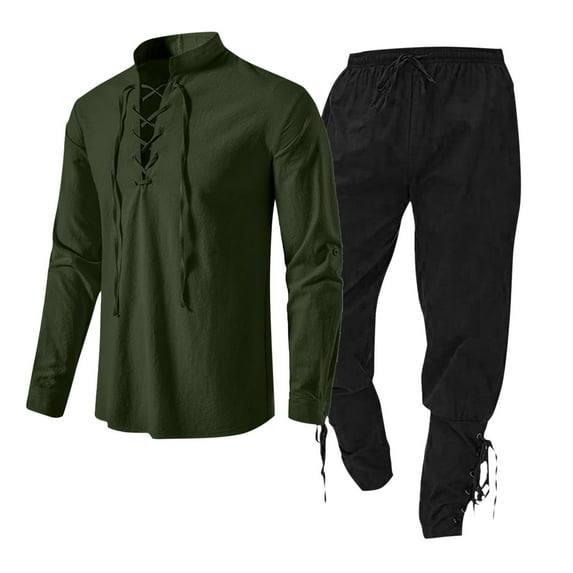 Atogsazn Men's Cotton Linen Sets Casual Renaissance Long Sleeve Shirts and Pants Set Outfits Clothing Army Green M