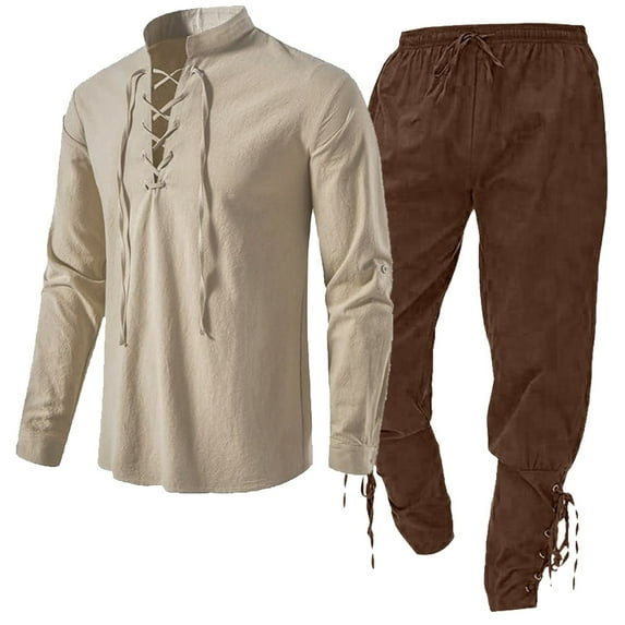 Atogsazn Men's Cotton Linen Sets Casual Renaissance Long Sleeve Shirts and Pants Set Outfits Clothing Brown XXL