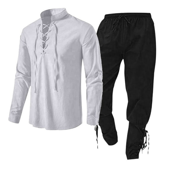 Atogsazn Men's Cotton Linen Sets Casual Renaissance Long Sleeve Shirts and Pants Set Outfits Clothing White XL
