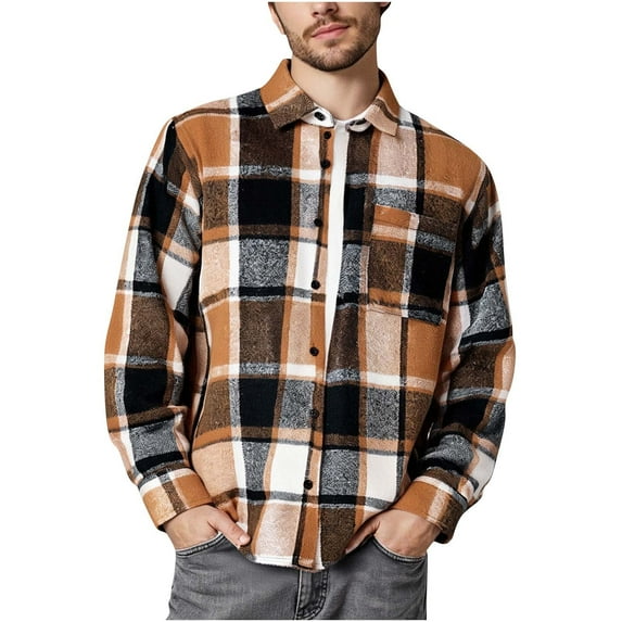 Atogsazn Men's Flannel Plaid Shirts Casual Button Down Long Sleeve Shirt Vintage Jacket Tops with Pocket Spring Fall Brown XXXXL