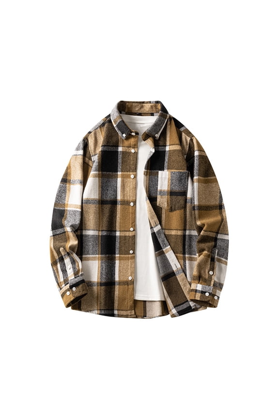 Men's Flannel Plaid Shirts Casual Button Long Sleeve Shirt Oversized Jacket Tops with Pocket Spring Fall Brown XXXXL