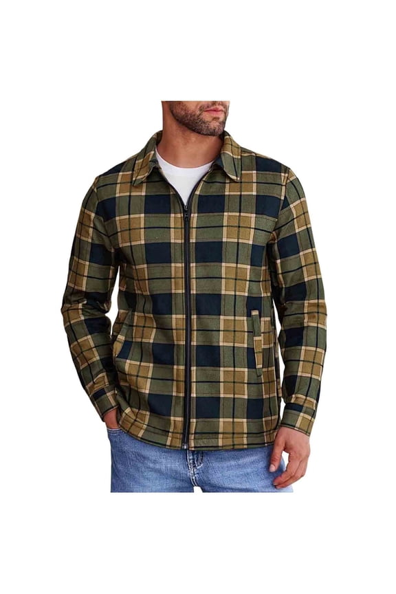Men's Fleece Flannel Plaid Shirt Full Zip Long Sleeve Jacket Loose Fit Spring Fall Sweatshirt Coat Tops Green XXL Fashion