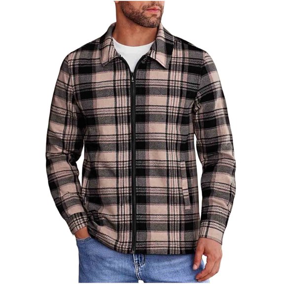 Atogsazn Men's Fleece Flannel Plaid Shirt Full Zip Long Sleeve Jacket Loose Fit Spring Fall Sweatshirt Coat Tops Khaki XL Fashion