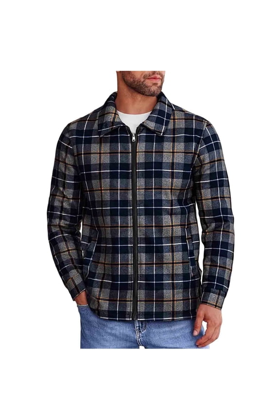 Men's Fleece Flannel Plaid Shirt Full Zip Long Sleeve Jacket Loose Fit Spring Fall Sweatshirt Coat Tops Navy S Fashion