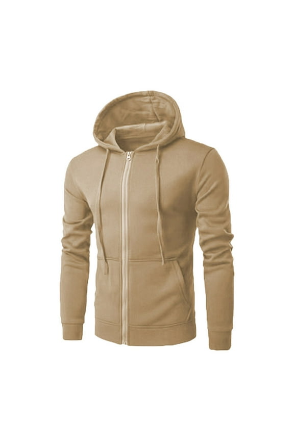 Men's Fleece Jacket Casual Zip Up Long Sleeve Hooded Jackets Jogger Solid Sweatshirt Spring Fall Clothes Beige XXL