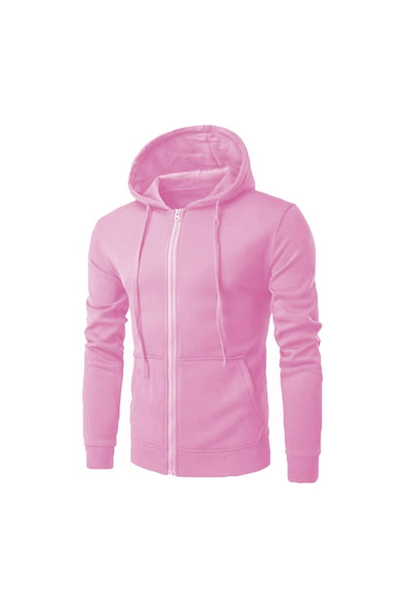 Men's Fleece Jacket Casual Zip Up Long Sleeve Hooded Jackets Jogger Solid Sweatshirt Spring Fall Clothes Pink XL
