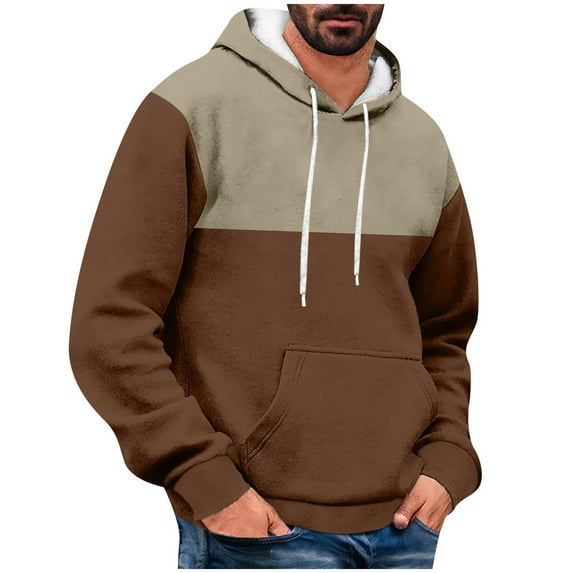 Atogsazn Men's Fleece Lined Hoodies Oversized Casual Colorblock Long Sleeve Hooded Sweatshirt Winter Warm Clothing Blouse A-Coffee XL