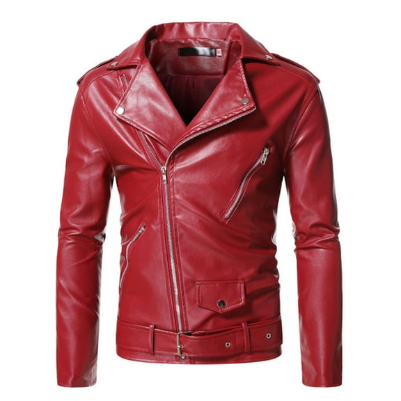 Atogsazn Men's Full Zip Leather Jacket Casual Motorcycle Lightweight Long Sleeve Coat Outerwear Tops with Pocket 02-Red L Fashion