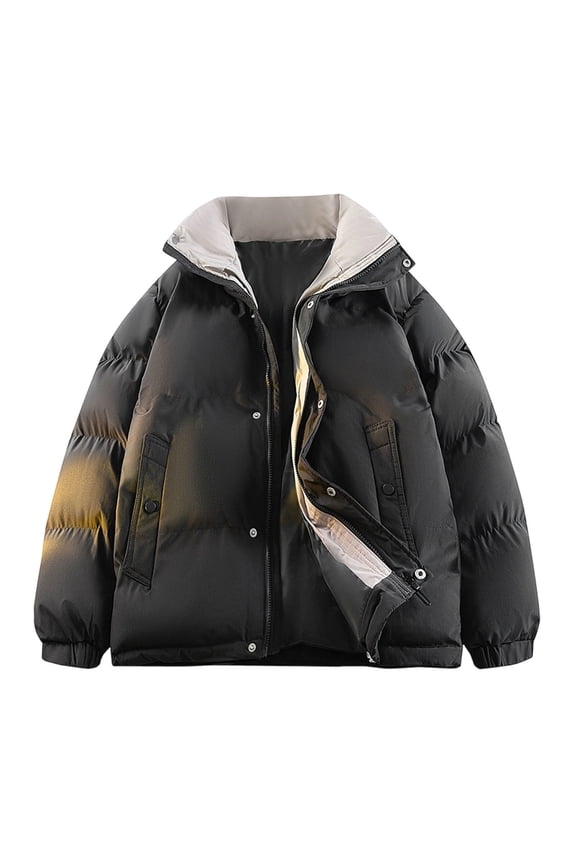 Men's Full Zip Puffer Jacket Casual Thick Winter Warm Long Sleeve Coat Windbreaker Waterproof Tops with Pocket 02-Black M Fashion